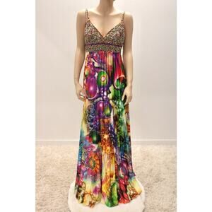 Beaded phsychedelic Full Sweep Gown sz 8 Tall Cinderella Mardi Gras Formal Prom